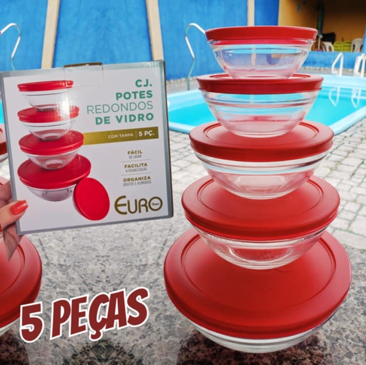 Euro Home - Conjunto de Potes de Vidro Redondos com Tampa Plástica 5 Peças