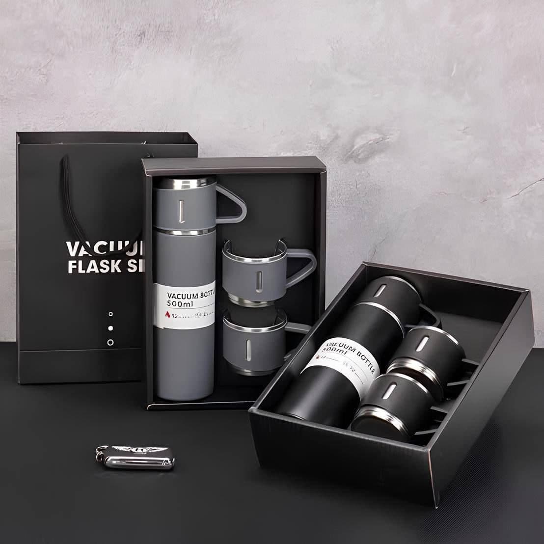 Caneca Kit Garrafa Térmica Vacuum Bottle Inox + 3 Xícaras