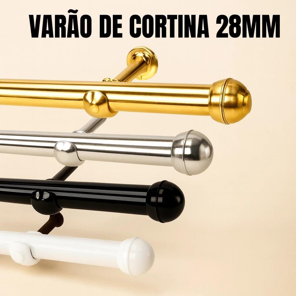 Varão de Aço Para Cortina Simples 28mm GROSSO com Ponteira e Suporte - Aço Ferro