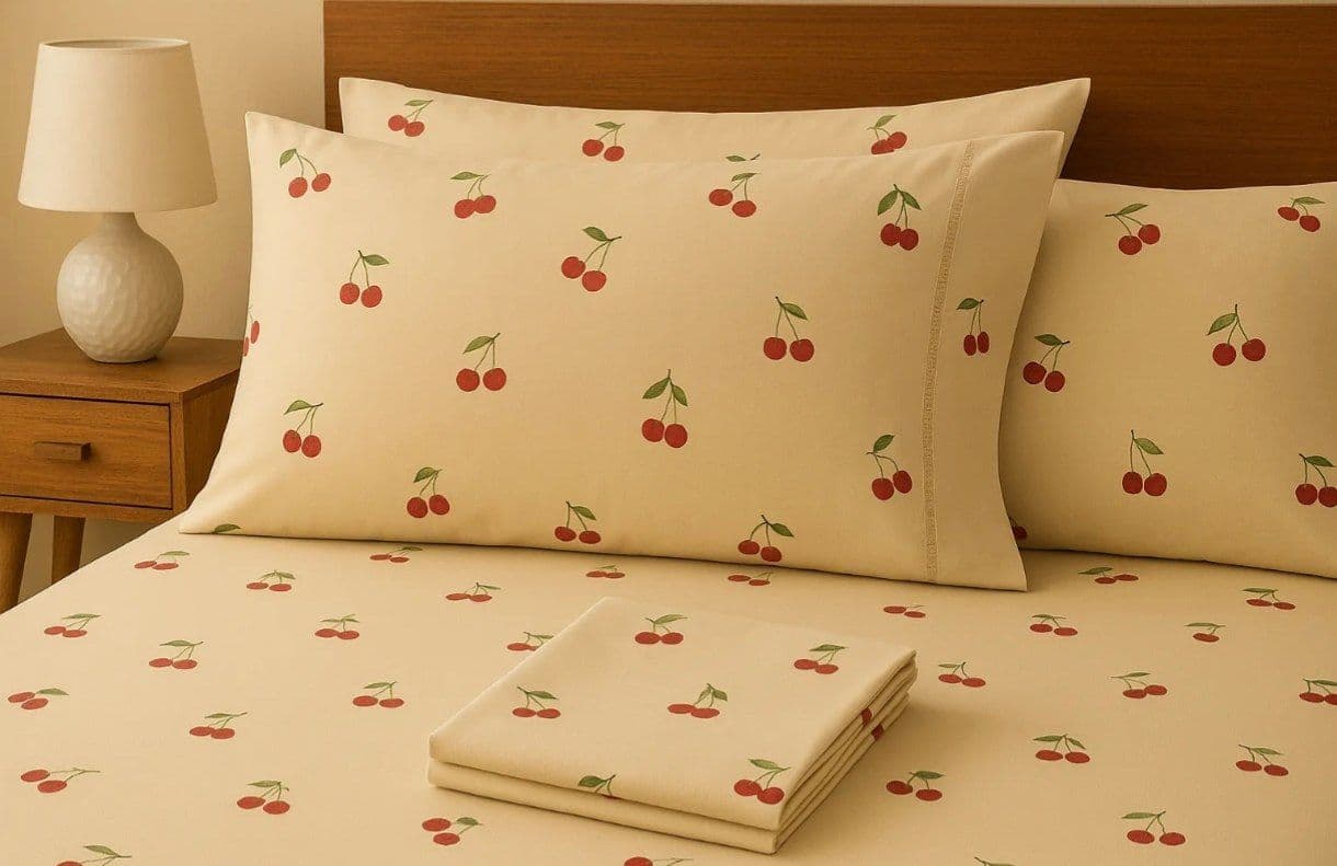 Jogo de Lençol Viúva/Solteirão 100% Algodão - Cereja/Palha